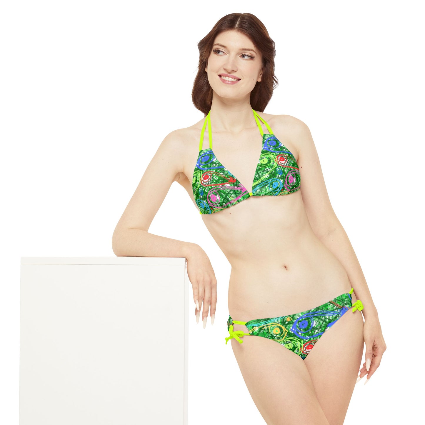 String Bikini Set - Green Geometric Pattern Swimwear