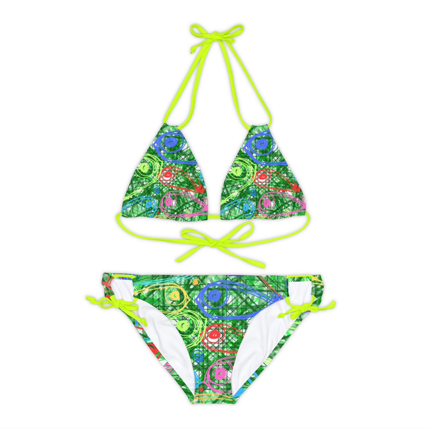 String Bikini Set - Green Geometric Pattern Swimwear