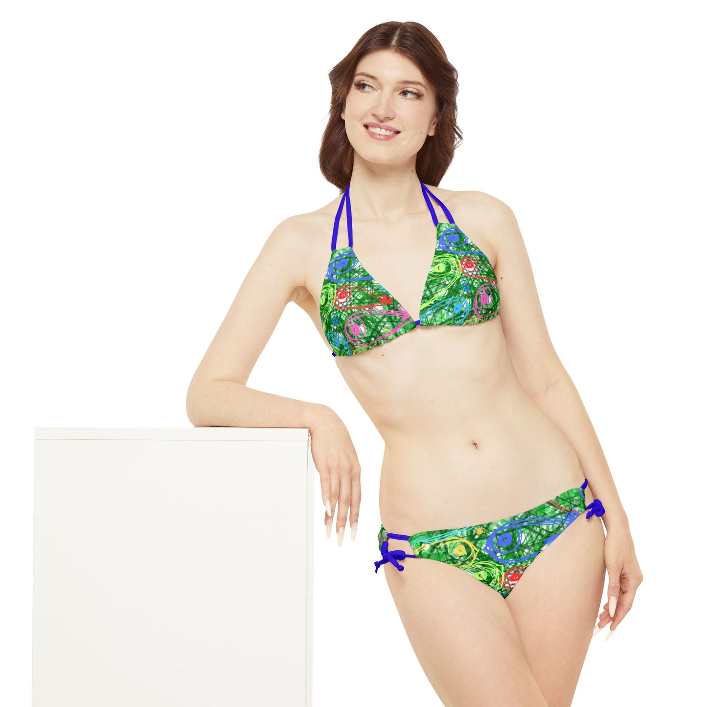 String Bikini Set - Green Geometric Pattern Swimwear