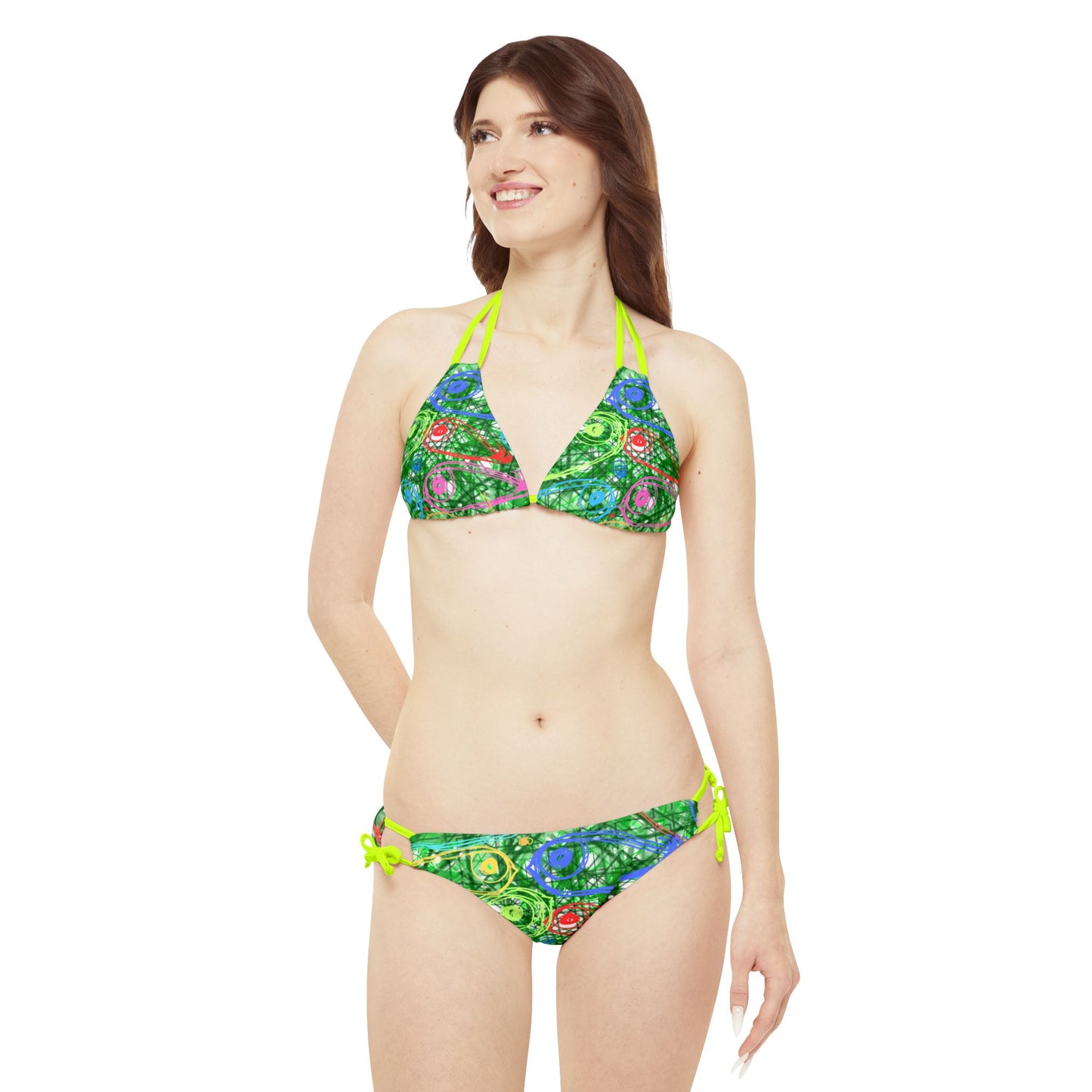 String Bikini Set - Green Geometric Pattern Swimwear