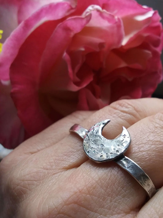 A silver double ring with a crescent moon that has hammered texturing on a hand with folded fingers in front of a large pink rose blossom.